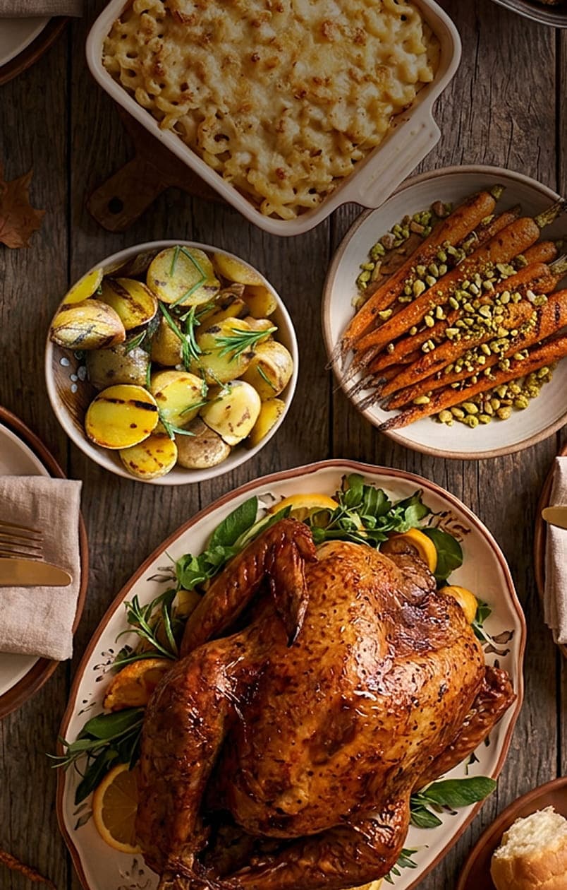 Thanksgiving turkey dinner with macaroni and cheese, stuffing and roasted vegetables