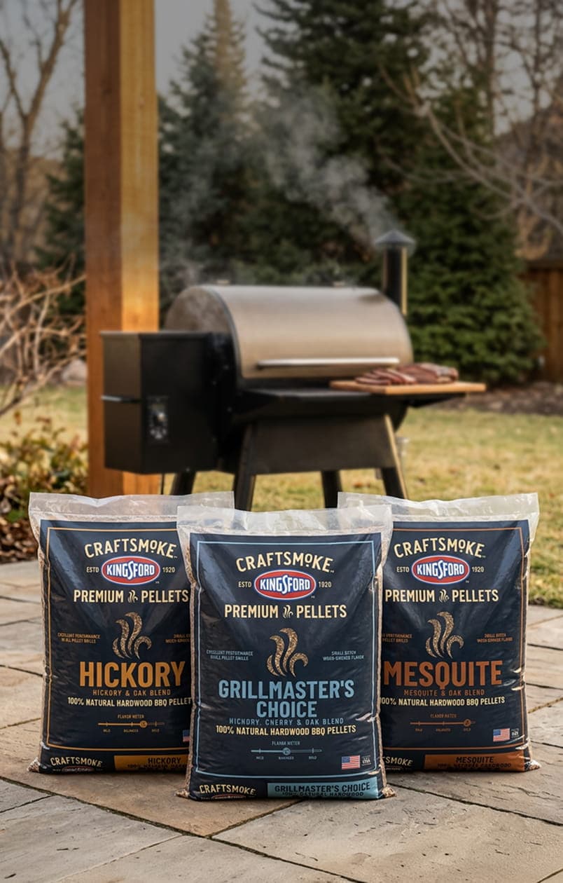 Kingsford Craftsmoke wood pellets in three varieties beside a pellet grill.