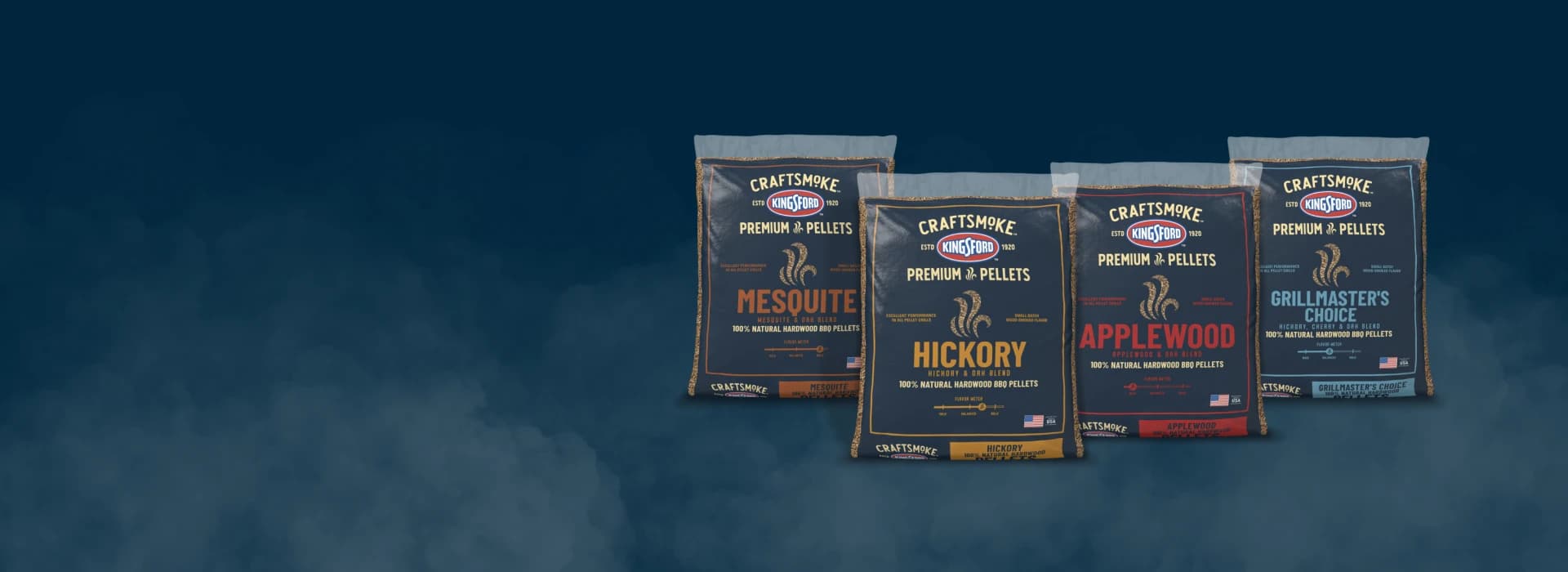 The family of premium Kingsford pellet bags: mesquite, hickory, applewood, grillmaster's choice