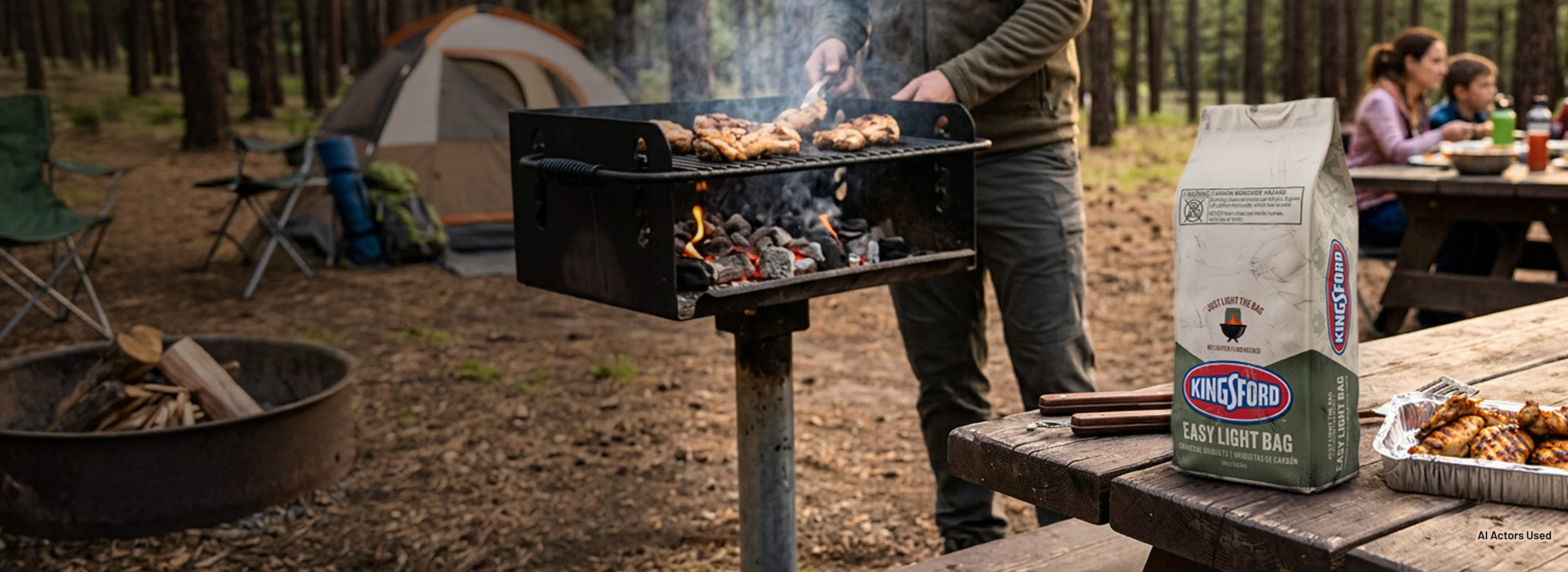 Kingsford Easy Light Bag charcoal beside a campground grill cooking chicken