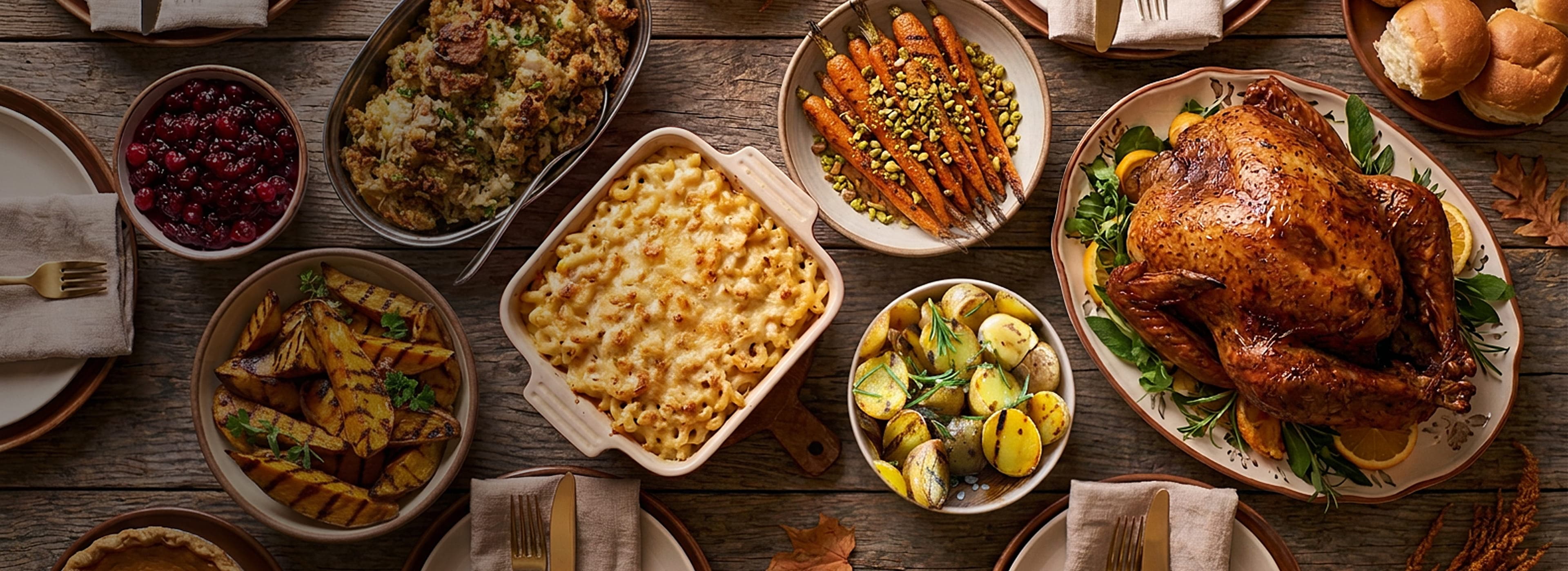 Thanksgiving turkey dinner with macaroni and cheese, stuffing and roasted vegetables