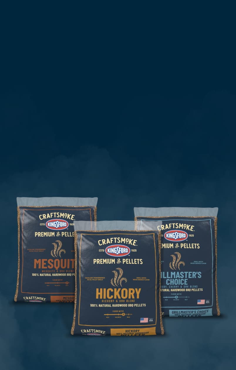 The family of premium Kingsford pellet bags: mesquite, hickory, grillmaster's choice